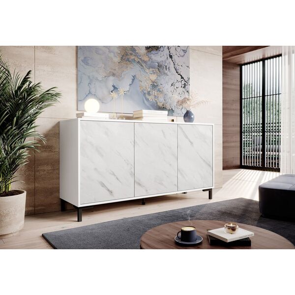 Cama Meble Komoda MARMO 3D 150x45xH80,5 biały mat/marmur biały