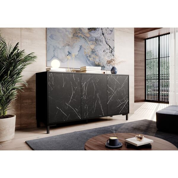 Cama Meble Komoda MARMO 3D 150x45xH80,5 czarny mat/marmur czarny