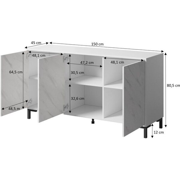 Cama Meble Komoda MARMO 3D 150x45xH80,5 czarny mat/marmur czarny