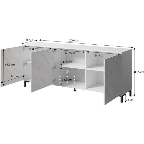 Cama Meble Komoda MARMO 3D 200x45xH80,5 biały mat/marmur biały