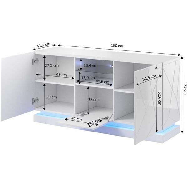 Cama Meble Komoda QIU 2D1K 150x41,5xH75 biały połysk/biały połysk