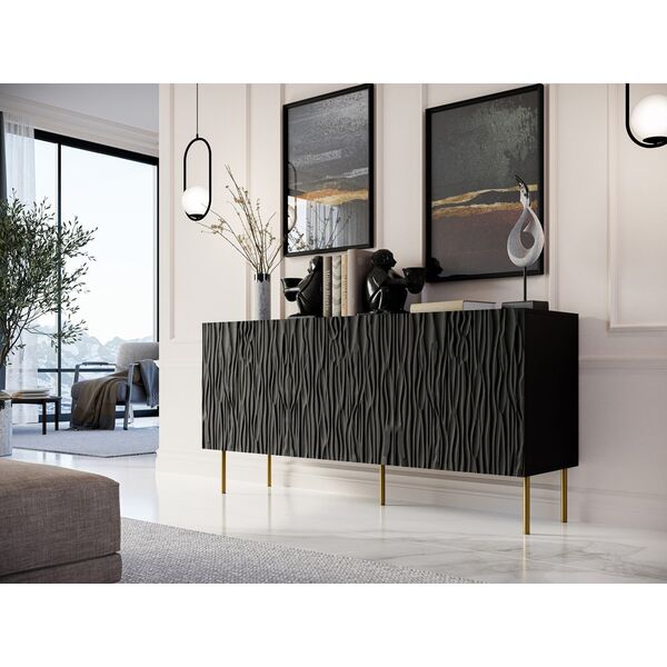 Cama Meble Komoda JUNGLE 152x40,5x74,5 czarny mat + złote nóżki