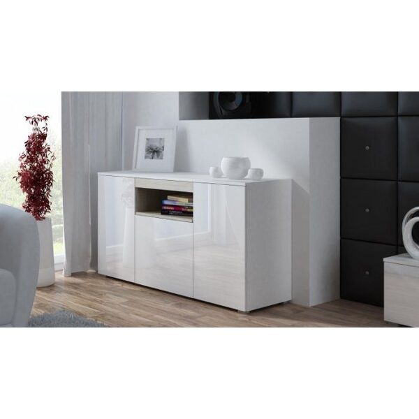 Cama Meble Komoda VIVA 150 biały/ biały połysk+ dąb sonoma