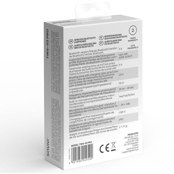 Ακουστικά με μικρόφωνο Savio TWS-02 PRO ασύρματα Bluetooth
