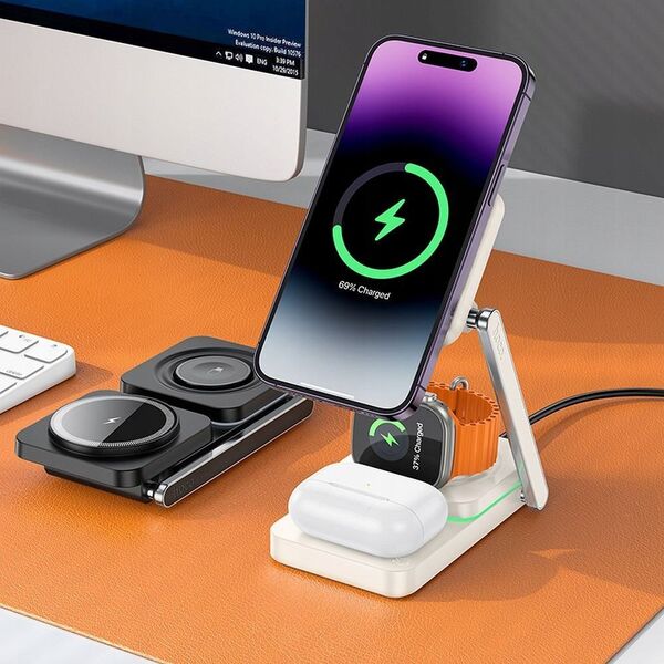 EOL HOCO ασύρματος φορτιστής 3 σε 1 συμβατός με MagSafe 15W CQ10 γαλακτώδες λευκό