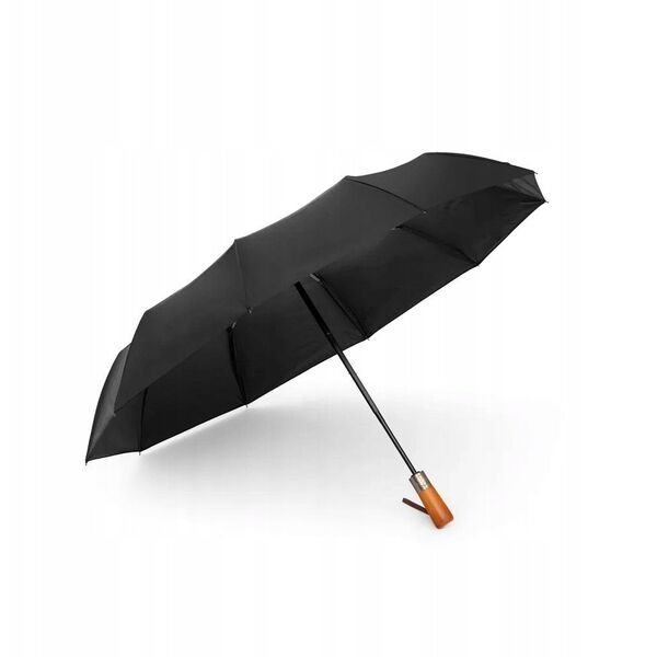 Automatyczny składany parasol z drewnianą rączką 10-ramienny XXL 115 cm czarny