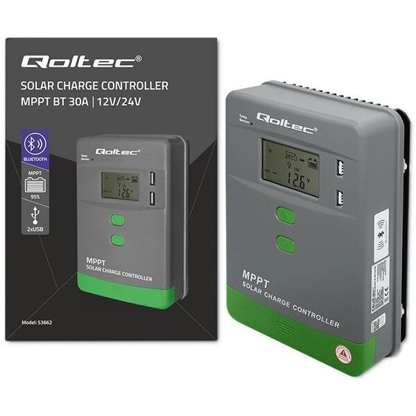 Solarny regulator ładowania MPPT z czujnikiem temperatury 30A | 12V/24V | LCD | 2xUSB | Bluetooth | APP | GEL | LiFePO4 Qoltec