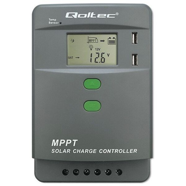 Solarny regulator ładowania MPPT z czujnikiem temperatury 30A | 12V/24V | LCD | 2xUSB | Bluetooth | APP | GEL | LiFePO4 Qoltec