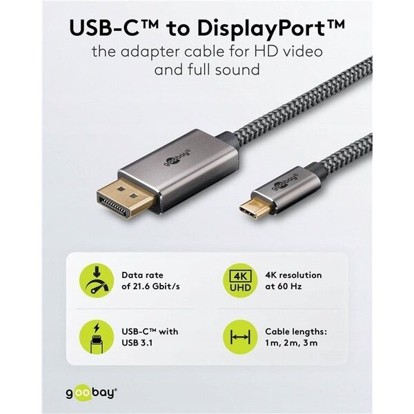 Καλώδιο USB-C™ σε DisplayPort™ 4K @ 60 Hz, 2 m, μαύρο - Μήκος καλωδίου 2 m