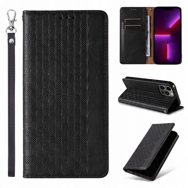 Θήκη Magnet Strap etui iPhone 14 Pro Max θήκη με καπάκι πορτοφόλι mini λουράκι βάση μαύρο
