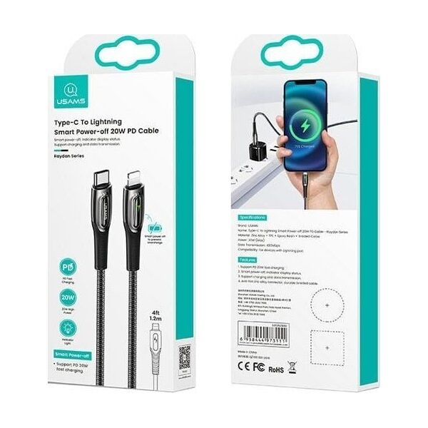 Kabel USB Usams USAMS Kabel pleciony USB-C na Lightning Smart Power-off 20W PD Cable 1.2m ciemny zielony/dark green SJ518USB02 (US-SJ518)