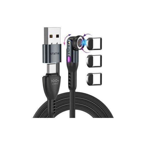 Statik 360 Pro 2.0 - καλώδιο USB-C με προσαρμογέα USB-A και τρία εναλλάξιμα μαγνητικά βύσματα USB-C, 2m (μαύρο)