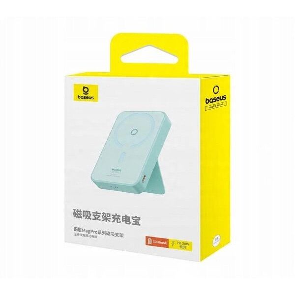 Powerbank Baseus OS-Baseus MagPro Magnetic Bracket Wireless Fast-Charging Power Bank 5000mAh 20W Peppermint Blue (with Simply Series Charging Cable Type-C to Type-C (20V/3A) 30cm White)