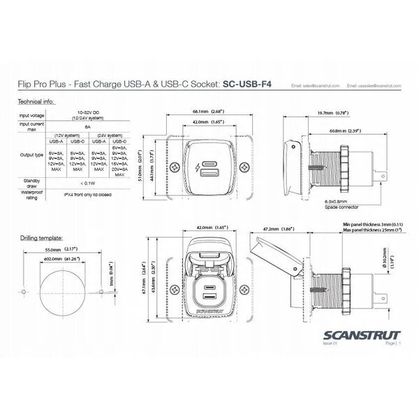 Ładowarka USB-A/C 36W 12/24V Scanstrut SC-USB-F4