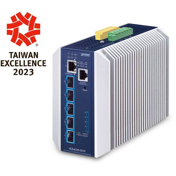PLANET Industrial Layer 3 5-Port Zarządzany L3 10G Ethernet (100/1000/10000) Aluminium, Niebieski