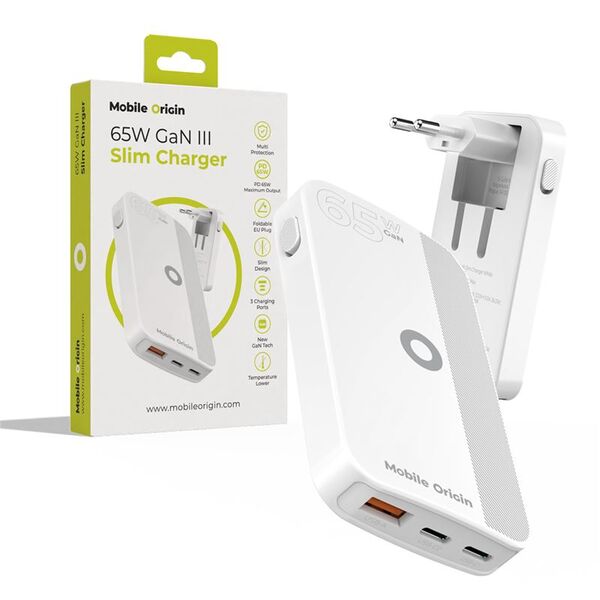 Φορτιστής MOBILE ORIGIN Slim Charger 1x USB-A 2x USB-C 1.5 A (GAN-65W-SLM-WHT)