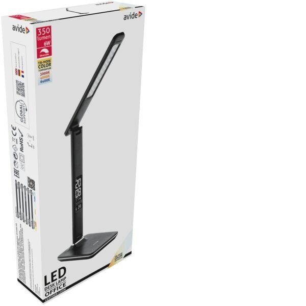 LED table lamp AVIDE LEATHER, 6 W, 3000-6400 K, 350 lm, dimmable, clock, black