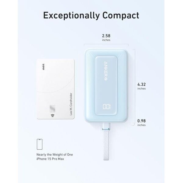 Anker | Power Bank with Built-In USB-C Cable | A1688031 | 10000 mAh | 30W Output | Blue