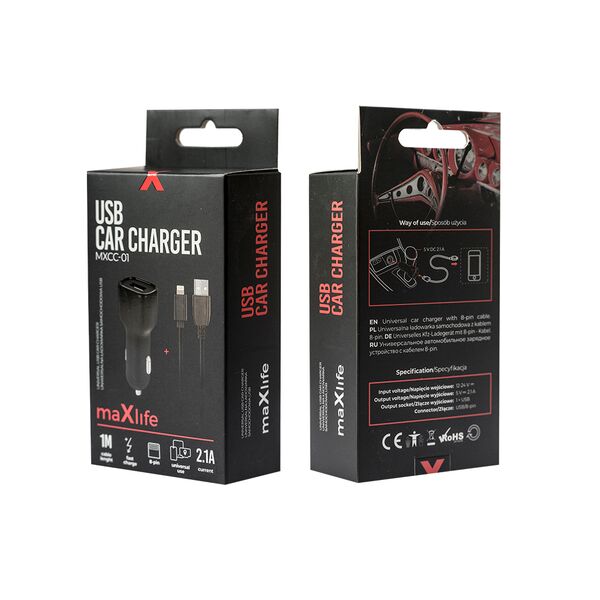 Maxlife MXCC-01 car charger 1x USB 2.1A black + Lightning cable 5900495863324