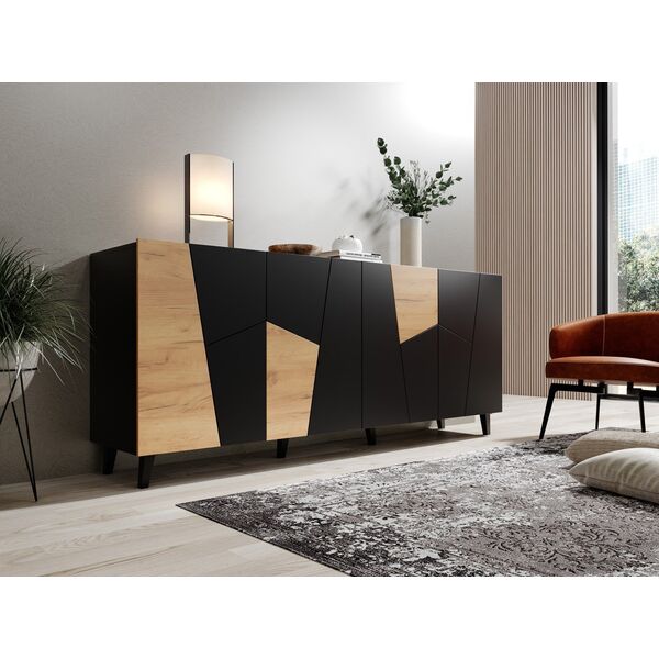 Cama Meble Komoda ETNA 200x42x82 czarny mat + dąb craft