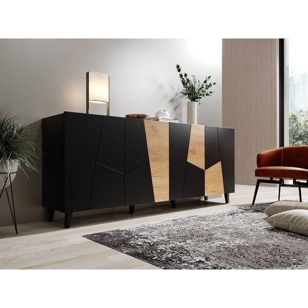 Cama Meble Komoda ETNA 200x42x82 czarny mat + dąb craft