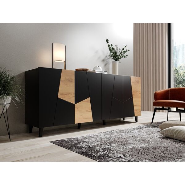 Cama Meble Komoda ETNA 200x42x82 czarny mat + dąb craft