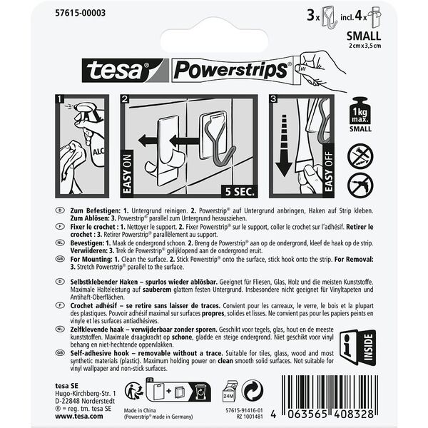 tesa Powerstrips Draht Haken 1kg 3x selbstklebend weiß