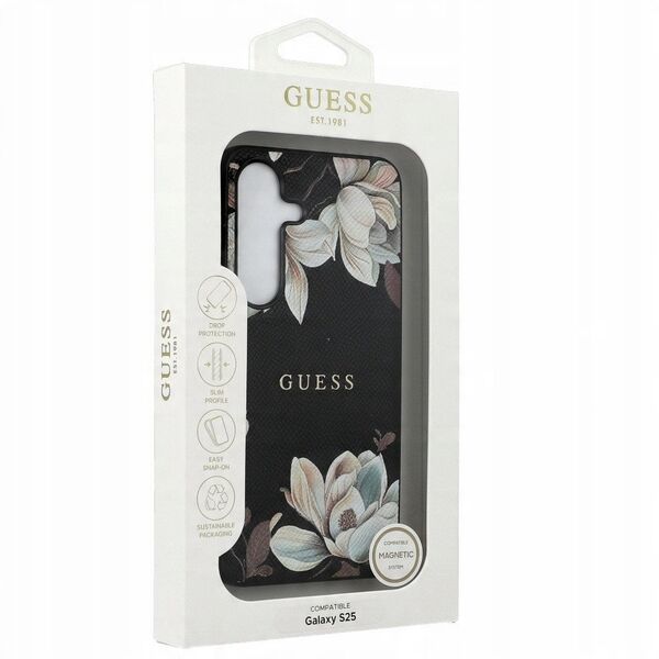 Case Guess Grained Printed Flower Pattern MagSafe for Samsung Galaxy S25 black