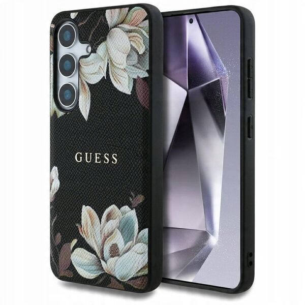 Case Guess Grained Printed Flower Pattern MagSafe for Samsung Galaxy S25 black