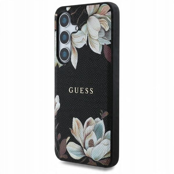 Case Guess Grained Printed Flower Pattern MagSafe for Samsung Galaxy S25 black