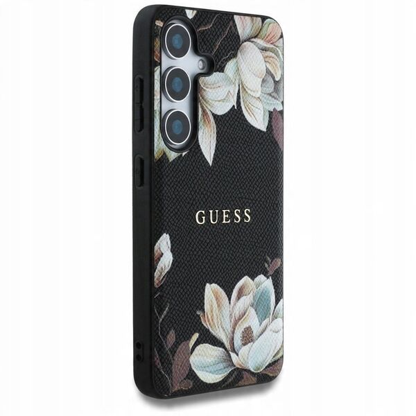 Case Guess Grained Printed Flower Pattern MagSafe for Samsung Galaxy S25 black