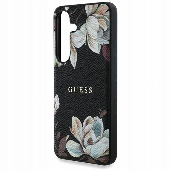 Case Guess Grained Printed Flower Pattern MagSafe for Samsung Galaxy S25 black