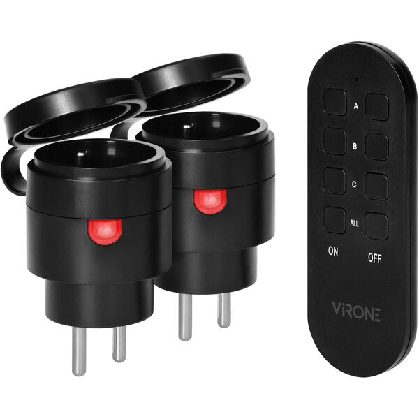 Zestaw bezprzewodowych gniazd MINI Schuko, sterowanych pilotem 2+1, 2300W, IP44