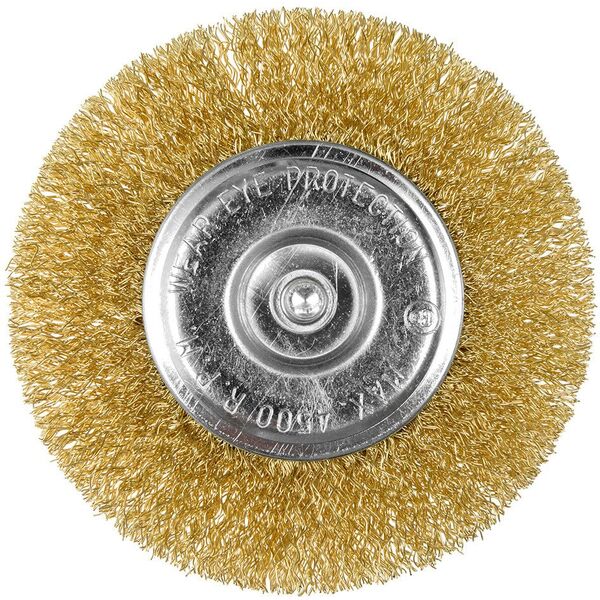Szczotka druciana tarczowa 100 mm, drut karbowany, mosiądzowany, z trzpieniem 6 mm
