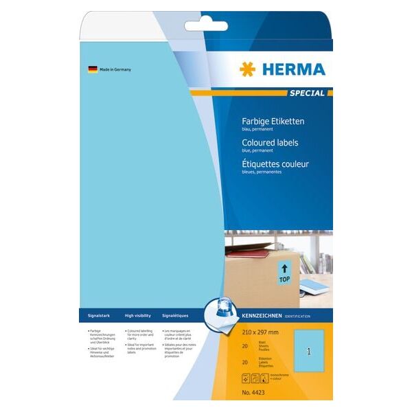 Herma Etykiety kolorowe 4423, A4, samoprzylepne, 210 x 297 mm, papier matowy niebieski, 20 szt (4423)