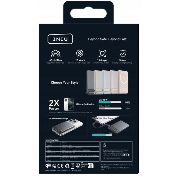 INIU Powerbank MagPro Slim - magnetyczny powerbank bezprzewodowy 5000mAh czarny - Gwarancja bezpieczeństwa. Proste raty. Bezpłatna wysyłka od 170 zł.