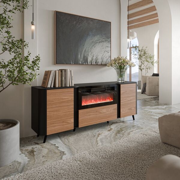 Cama Meble Komoda VOLARE 200x39x75 czarny/orzech + kominek