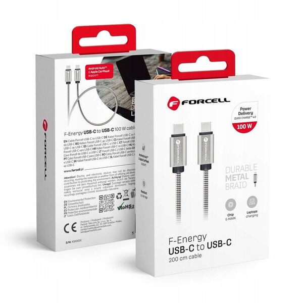 Καλώδιο USB C σε USB C FORCELL F-Energy QC4.0 PD 5A 100W E-Mark Metal 2 m C239 ασημί