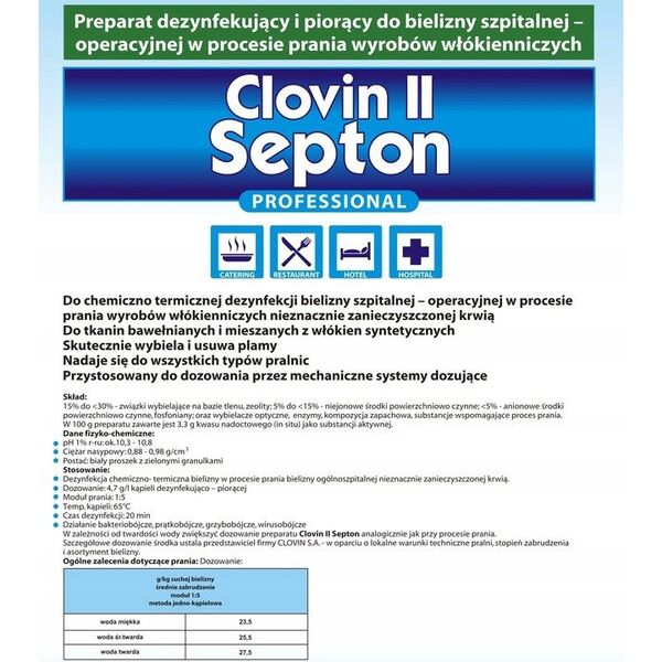 Clovin II Septon - Środek piorąco-dezynfekujący w 65C bez chloru i fosforanów - 15 kg
