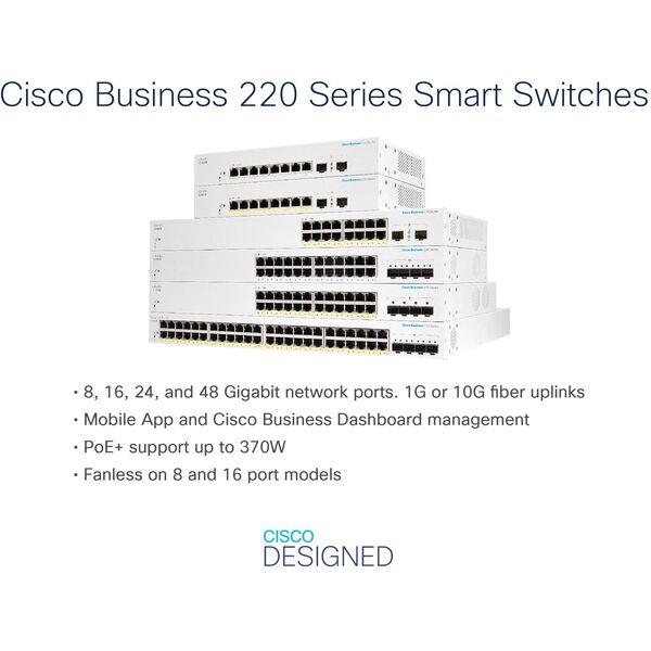 Cisco Cisco switch CBS220-24P-4X, 24xGbE RJ45, 4x10GbE SFP+, PoE+, 195W - REFRESH