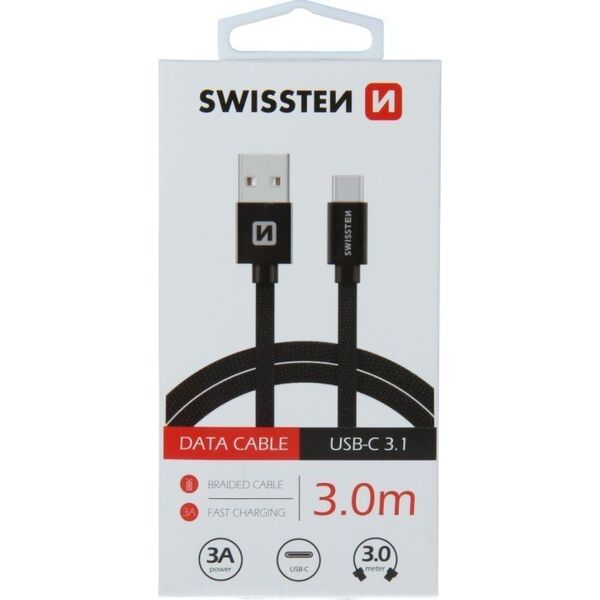 Kabel USB Swissten USB-A - USB-C 3 m Czarny (71527900)