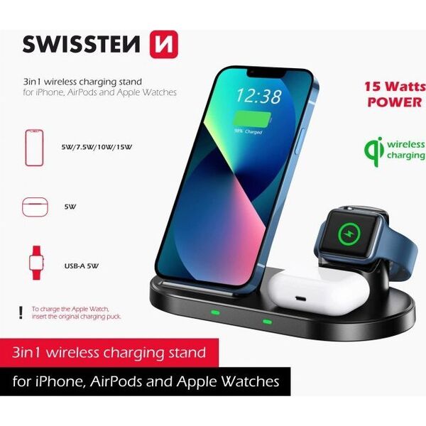 Ładowarka Swissten Swissten indukcyjna 3w1 czarna