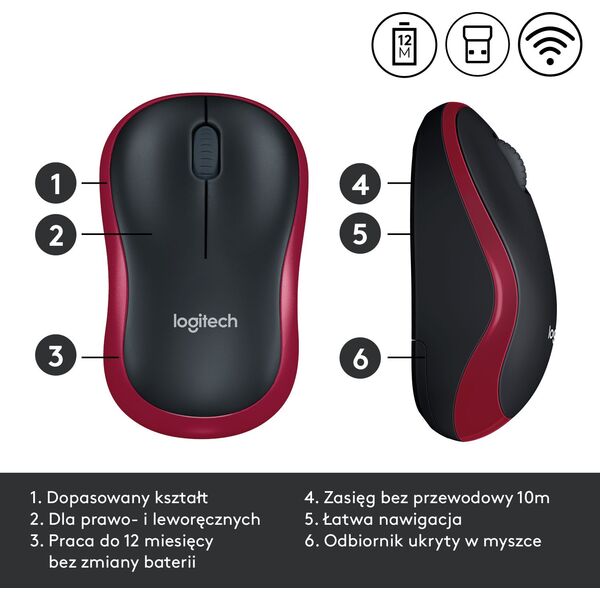 Mysz Logitech M185 Czerwona (910-002240)