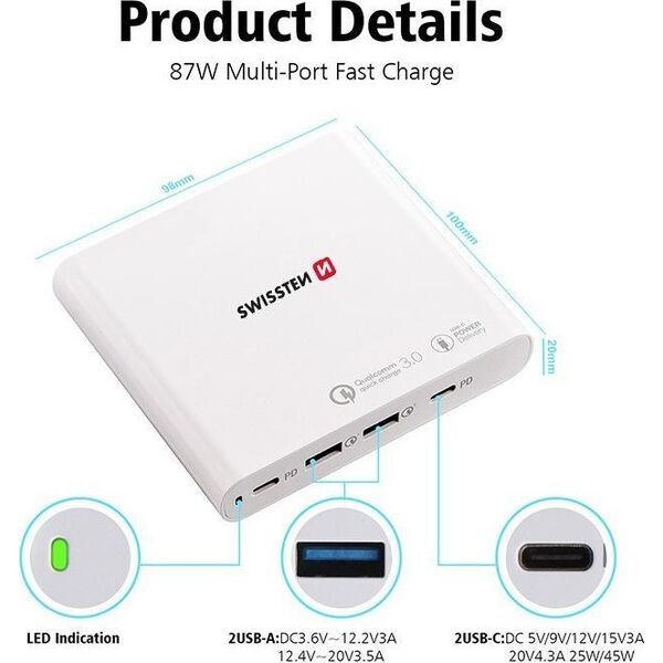 Zasilacz do laptopa Swissten 87 W, 4.3 A, 20 V (22013340)