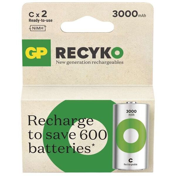 GP Batteries Recyko 3000 C, 3000 mAh, Υδρίδιο Νικελίου-Μετάλλου (NiMH), C, 1.2 V, Πράσινο, Ασημί, 2 τεμ.