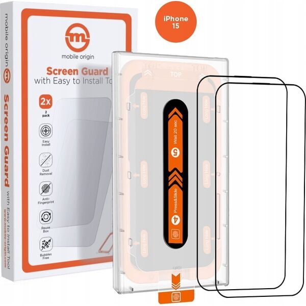 MOBILE ORIGIN Orange Screen Guard iPhone 15 με εύχρηστο εφαρμοστή, 2τμχ.