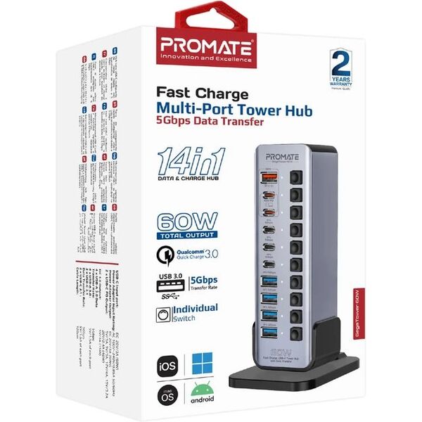 Πύργος πολλαπλών θυρών PROMATE GegaTower-60W 14 σε 1 60W / QC3.0 / PD48W / USB 3.1 5Gbps