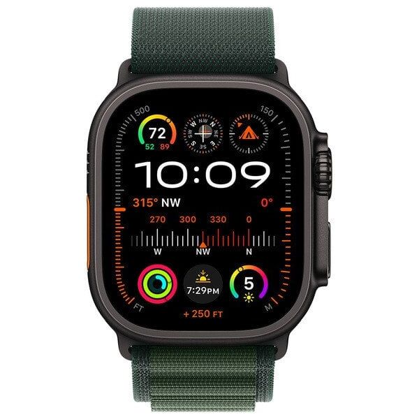 Apple Watch Ultra 2 (GPS + Cellular) 49mm Black Titanium Case with Dark Green Alpine Band, Medium (MX4R3)