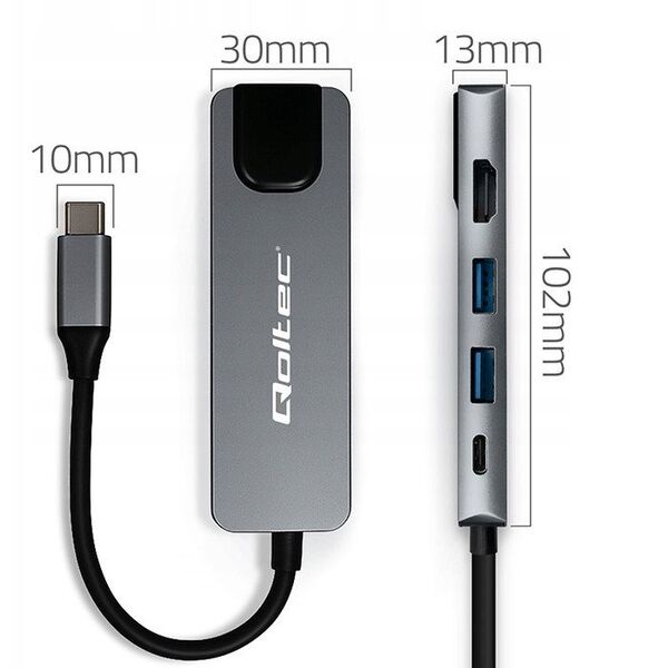 HUB Adapter USB-C 5w1 | USB-C PD 100W | 2xUSB | HDMI 4K | RJ45