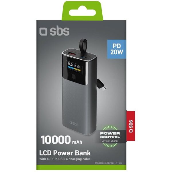 Powerbank SBS 10000mAh PD 20W z wyświetlaczem LCD i wbudowanym kablem USB-C - szary